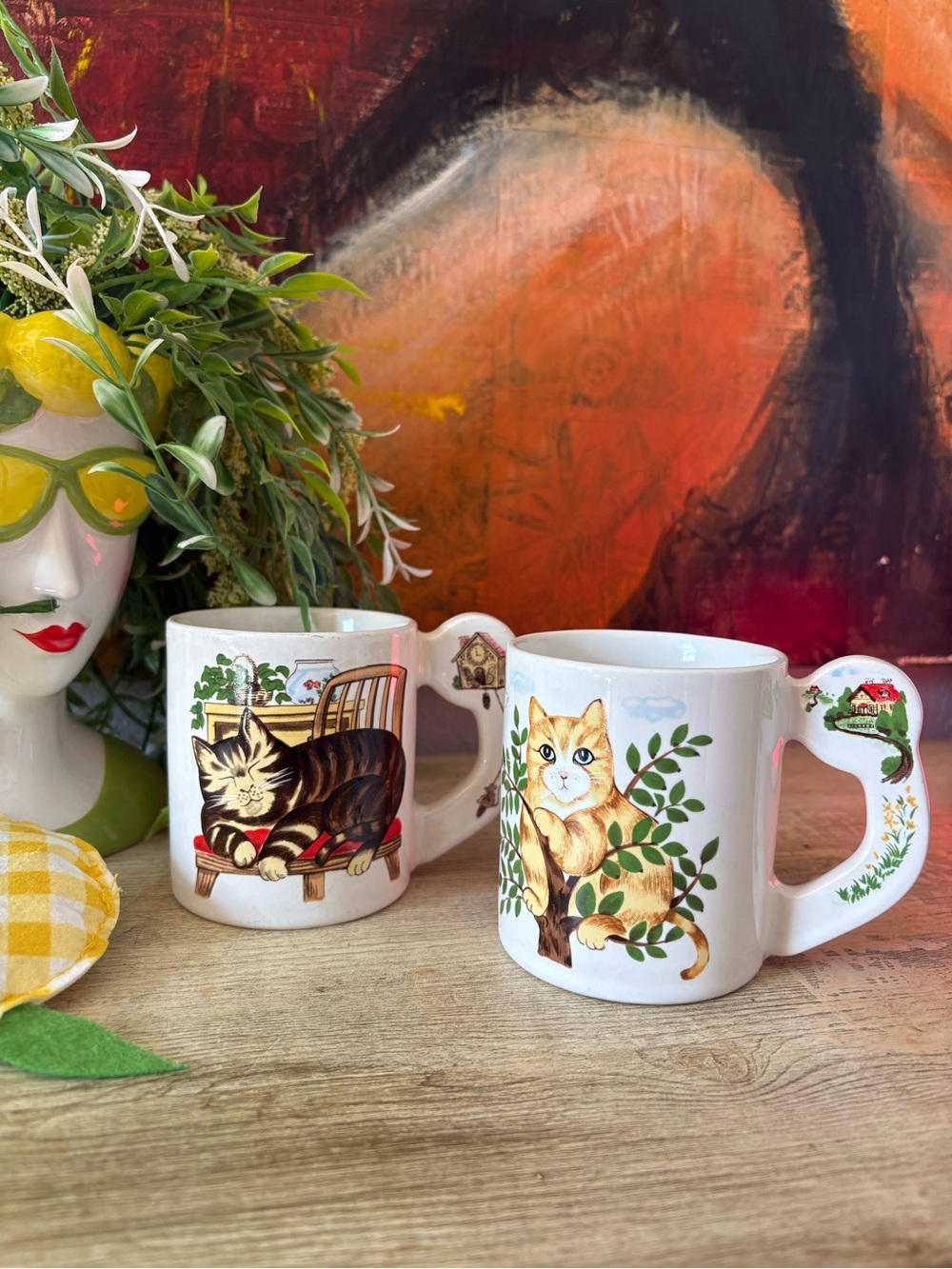 Whimsical Cat Ceramic Mugs - Pair